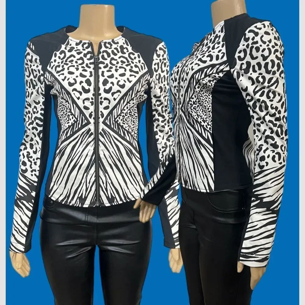 NWT 2B Bebe Women’s Black & White Animal Artisan Print Zip-Front Fitted Jacket